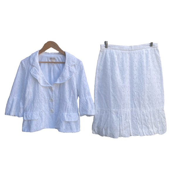 Monroe & Main Dresses & Skirts - Monroe & Main White Embroidered Eyelet Bubble Hem Blazer & Skirt Set Size 12 L